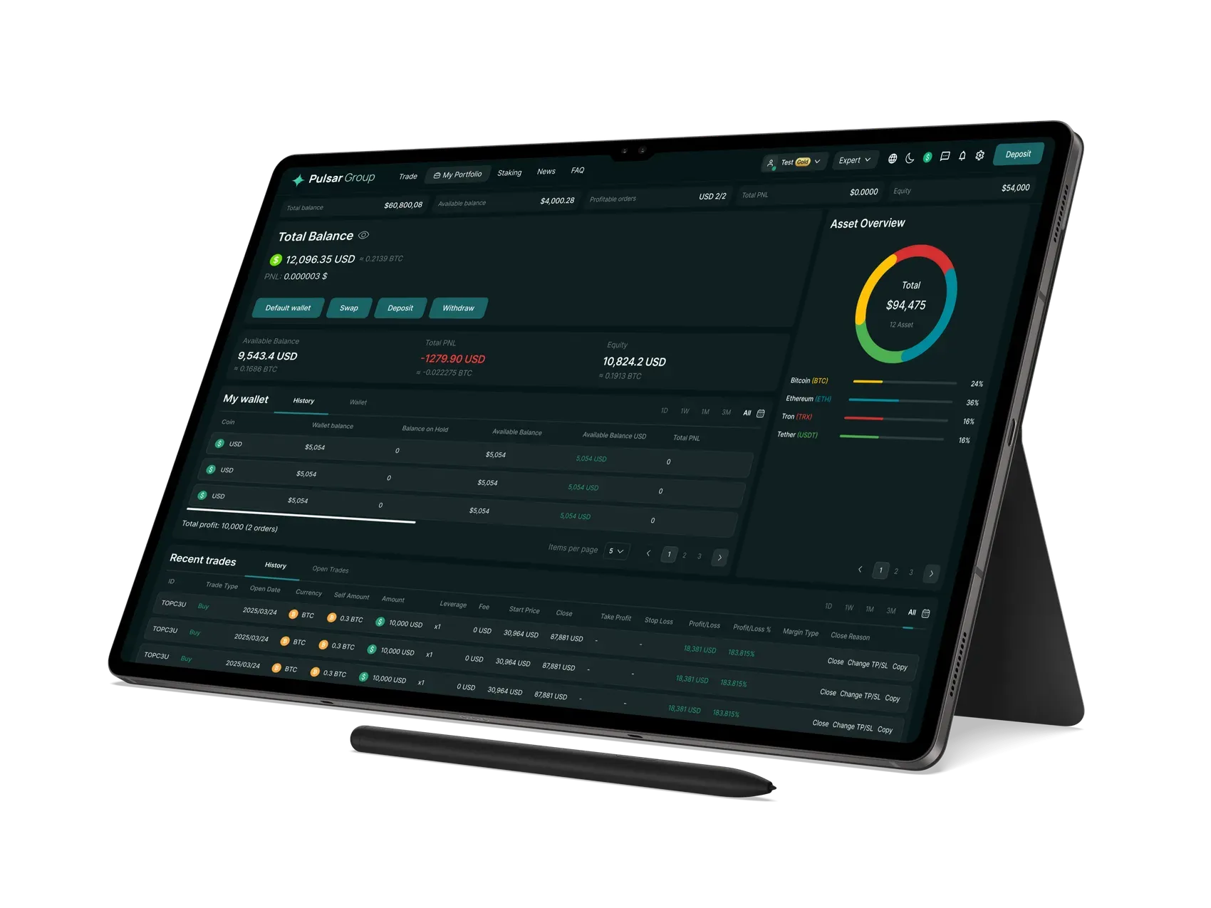 On a tablet: the order history along the bottom, with the balance and asset overview of the portfolio dashboard above it