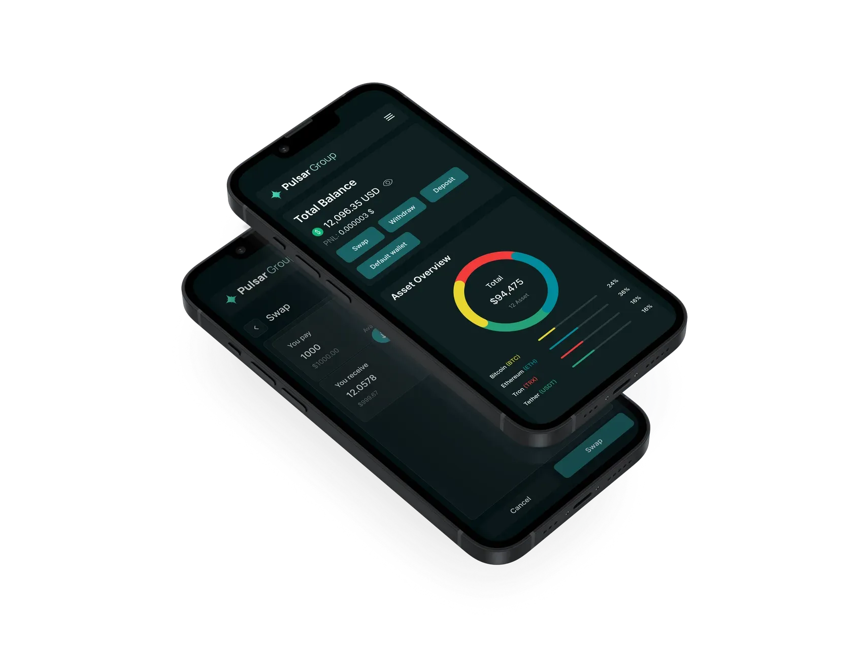 Deposit, withdraw and swap buttons under the total balance and an allocation donut, on the portfolio screen of a phone